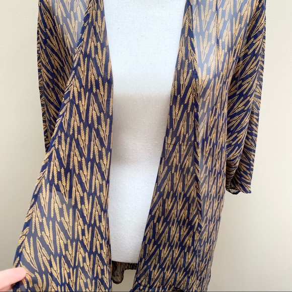 Lularoe Lindsay kimono blue gold wheat chiffon - Picture 3 of 14
